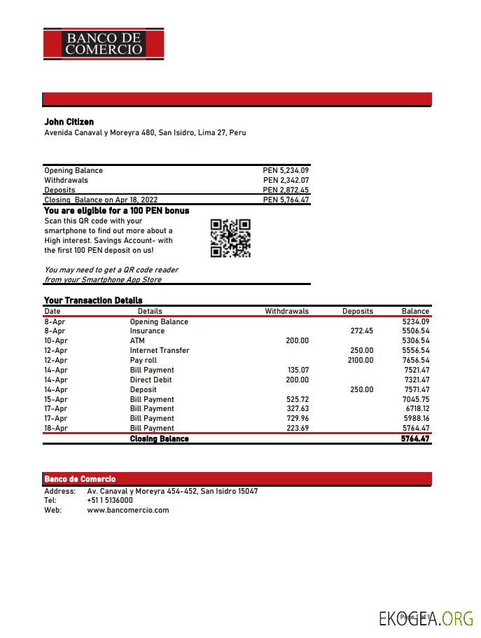 Relevé bancaire de la Banco de Comercio du Pérou xls